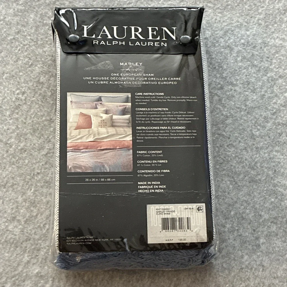 NEW Lauren Ralph Lauren Marley Fringe Euro Sham 26x26 Light Blue MSRP $13